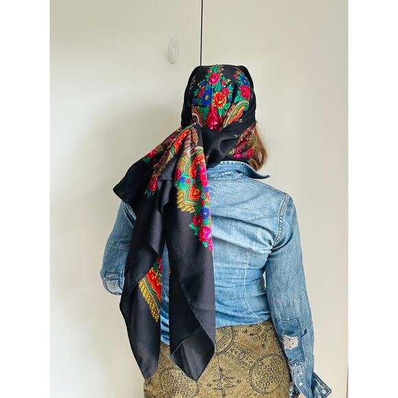 Vintage Accessories - Vintage Wool Scarf Wrap headscarf Large Square Bold Floral Colorful Boho